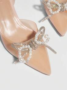 CUCCOO SZL Woman Shoes Bow & Rhinestone Decor Sculptural Heeled Slingbacks, Glamorous TPU Pumps For Spring And Summer Vacation Shoes Summer - Apricot - View 5