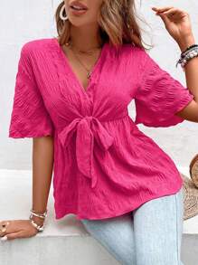 Breezaya Solid Knot Front Peplum Blouse - Hot Pink - View 3