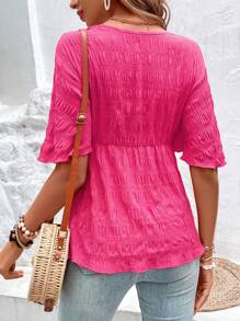 Breezaya Solid Knot Front Peplum Blouse - Hot Pink - View 4