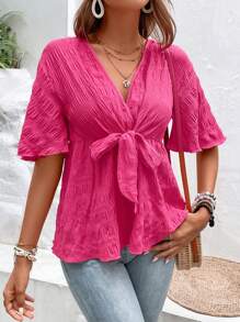 Breezaya Solid Knot Front Peplum Blouse - Hot Pink - View 5