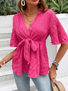 Breezaya Solid Knot Front Peplum Blouse - Hot Pink - View 6