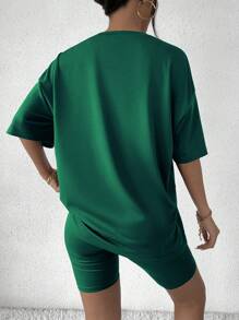 SHEIN Unity 字母圖案落肩T恤和騎行褲 - 墨綠色 - 查看 2