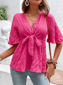 Breezaya Solid Knot Front Peplum Blouse - Hot Pink - View 2