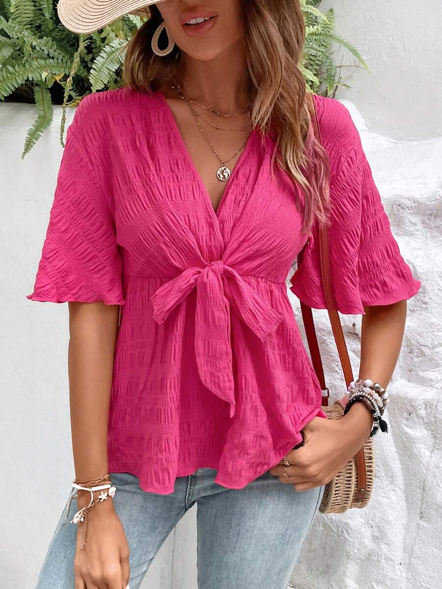 Breezaya Solid Knot Front Peplum Blouse - Hot Pink - View 1