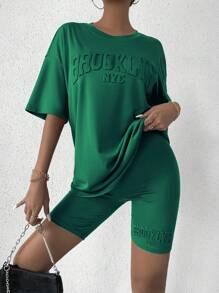 SHEIN Unity 字母圖案落肩T恤和騎行褲 - 墨綠色 - 查看 4