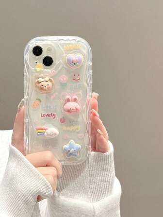泰迪熊兔子彩虹 3D 卡通兔子和熊装饰手机壳适用于 15/15Pro/15Plus/15Promax 防水防震防摔防刮