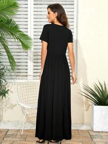 孕婦素色高衩哺乳連衣裙 - 黑色 - 查看 2