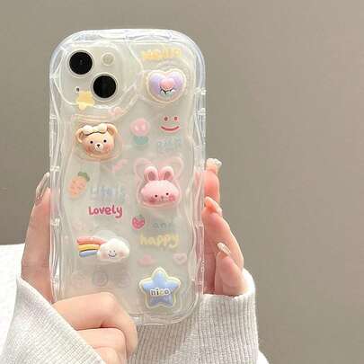 泰迪熊兔子彩虹 3D 卡通兔子和熊装饰手机壳适用于 15/15Pro/15Plus/15Promax 防水防震防摔防刮