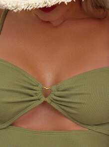 Bañador una pieza de canalé con abertura vinculado con aro - Verde militar - Ver 3