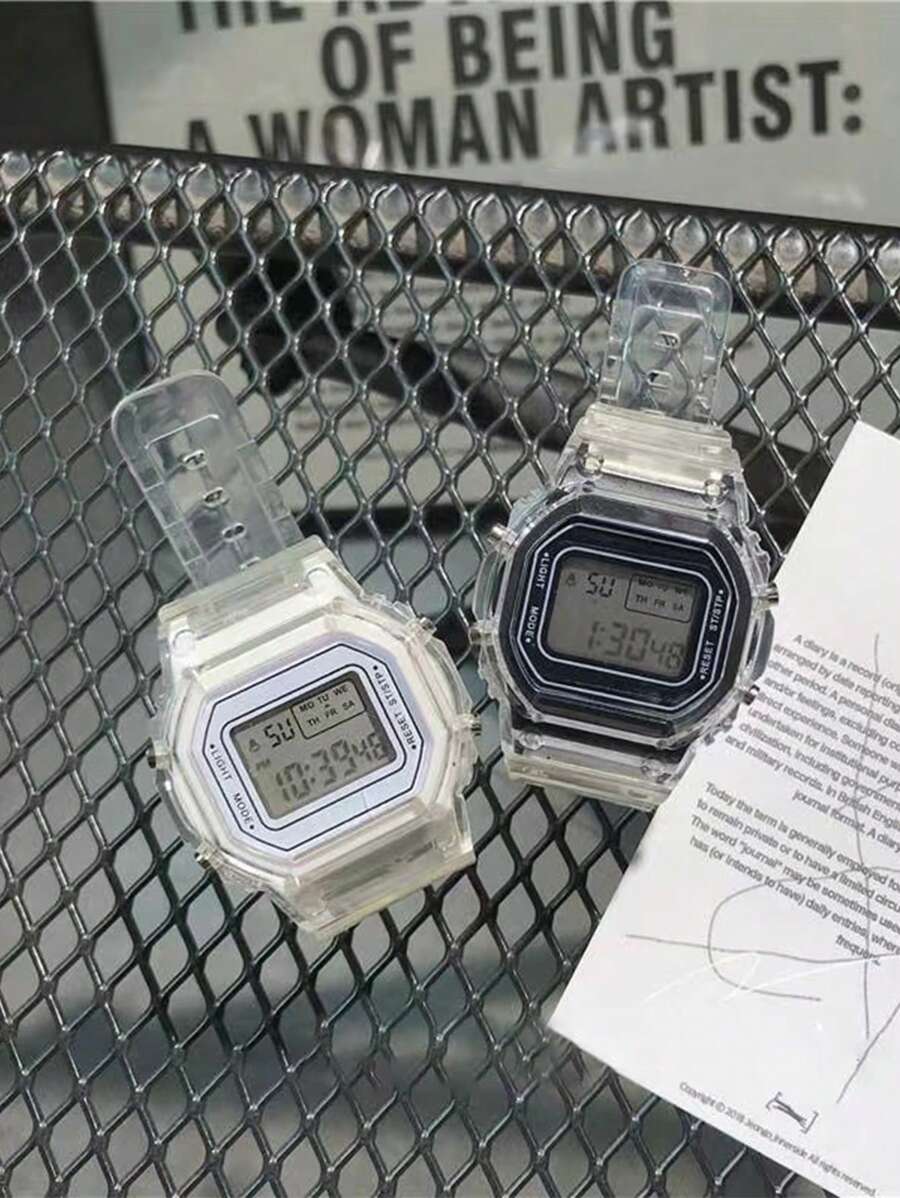 2入組/套透明塑膠帶幾何錶盤數顯電子錶 - 彩色 - 查看 1