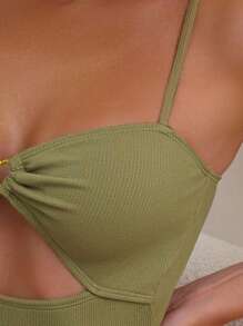 Bañador una pieza de canalé con abertura vinculado con aro - Verde militar - Ver 4