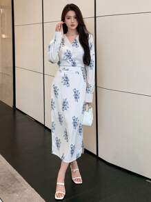 DAZY Blouse à fleurs avec boutons devant et jupe, ensemble deux pièces pour femme - Bleu azur - Voir 1