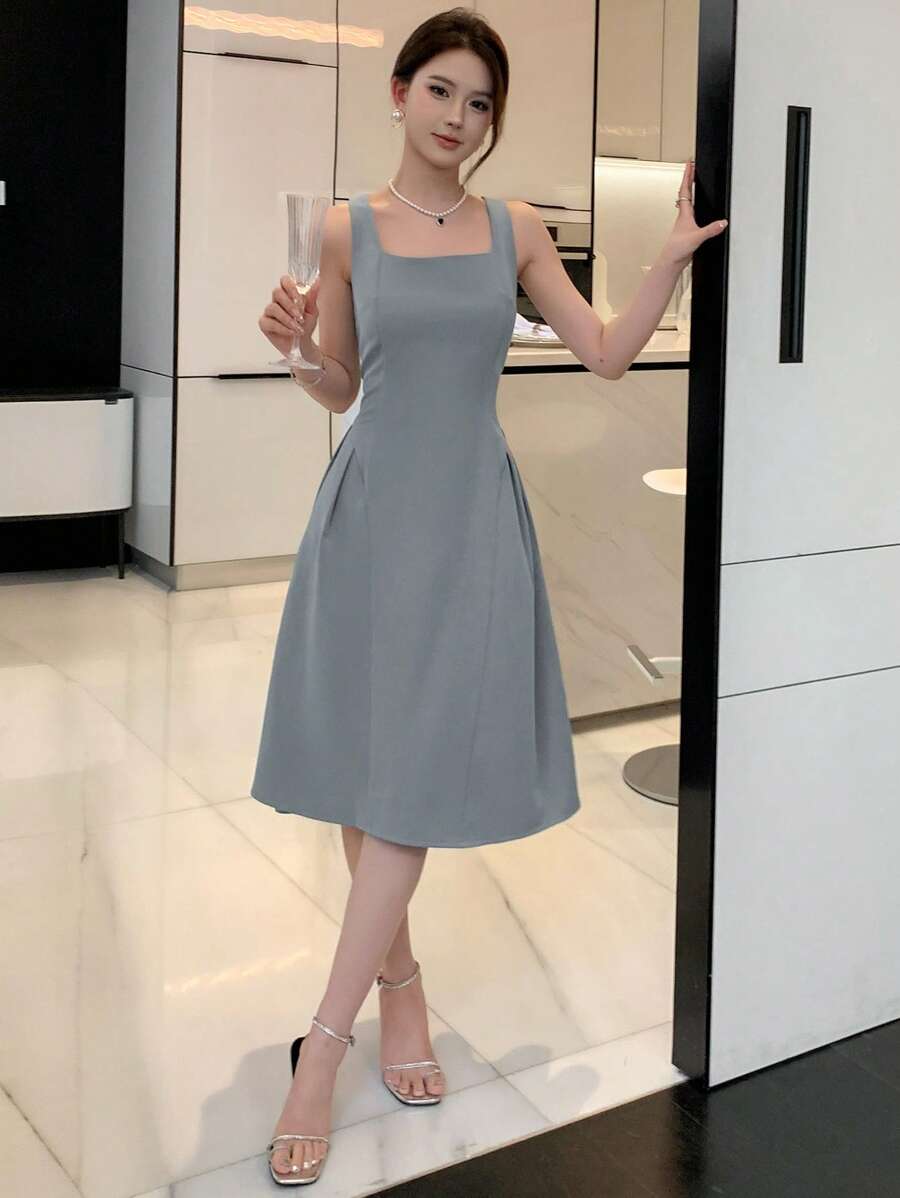 DAZY Váy xếp ly xếp ly liền thân, váy dạ hội sinh nhật, tiệc năm mới, váy suông thanh lịch cho nữ - Màu xanh bụi bặm - Xem 1