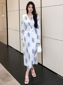 DAZY Blouse à fleurs avec boutons devant et jupe, ensemble deux pièces pour femme - Bleu azur - Voir 3