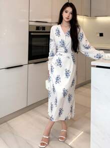 DAZY Blouse à fleurs avec boutons devant et jupe, ensemble deux pièces pour femme - Bleu azur - Voir 7