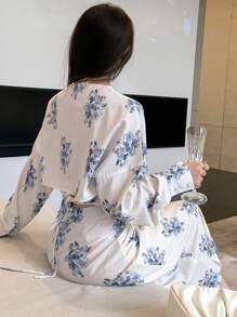 DAZY Blouse à fleurs avec boutons devant et jupe, ensemble deux pièces pour femme - Bleu azur - Voir 9