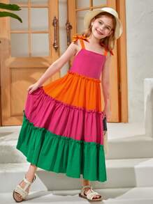 SHEIN Girls 1pc Colourblock Tie Shoulder Ruffle Hem Cami Dress - Multicolor - View 1