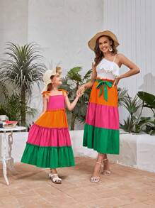 SHEIN Girls 1pc Colourblock Tie Shoulder Ruffle Hem Cami Dress - Multicolor - View 2