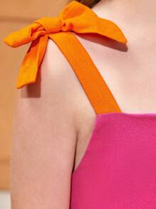 SHEIN Girls 1pc Colourblock Tie Shoulder Ruffle Hem Cami Dress - Multicolor - View 4