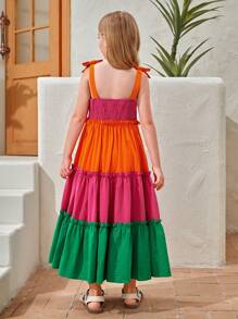 SHEIN Girls 1pc Colourblock Tie Shoulder Ruffle Hem Cami Dress - Multicolor - View 5