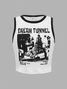 SHEIN Tween Girl Butterfly & Slogan Graphic Contrast Binding Tank Top - White - View 1