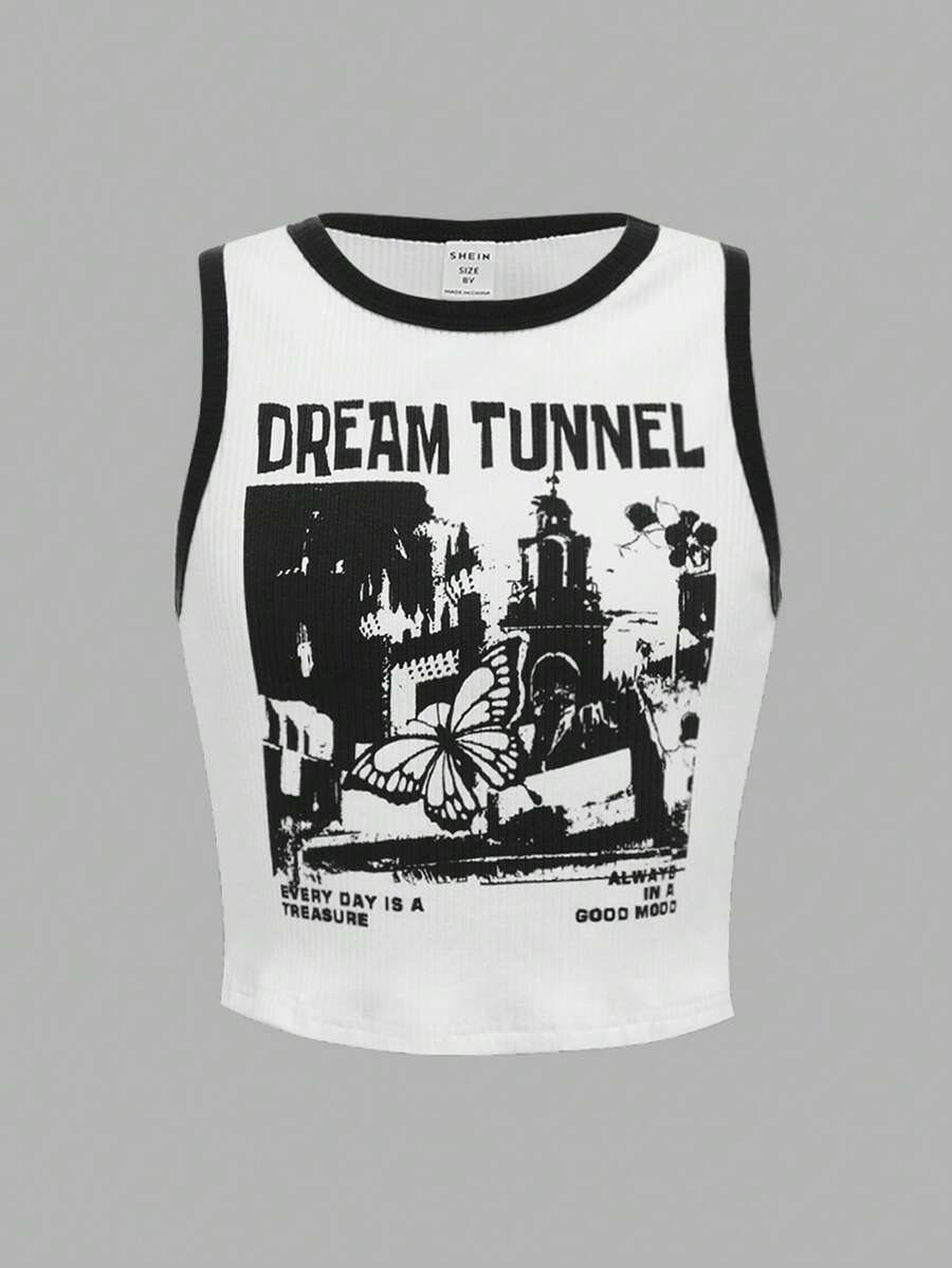 SHEIN Tween Girl Butterfly & Slogan Graphic Contrast Binding Tank Top - White - View 1