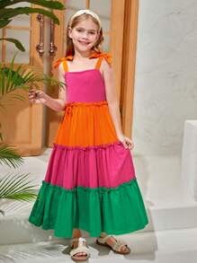 SHEIN Girls 1pc Colourblock Tie Shoulder Ruffle Hem Cami Dress - Multicolor - View 6