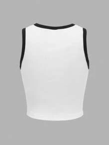 SHEIN Tween Girl Butterfly & Slogan Graphic Contrast Binding Tank Top - White - View 2