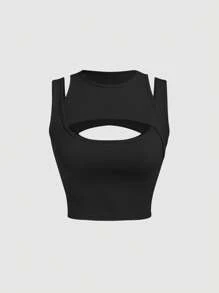 SHEIN MOD Cut Out Front Tank Top - Black - View 1