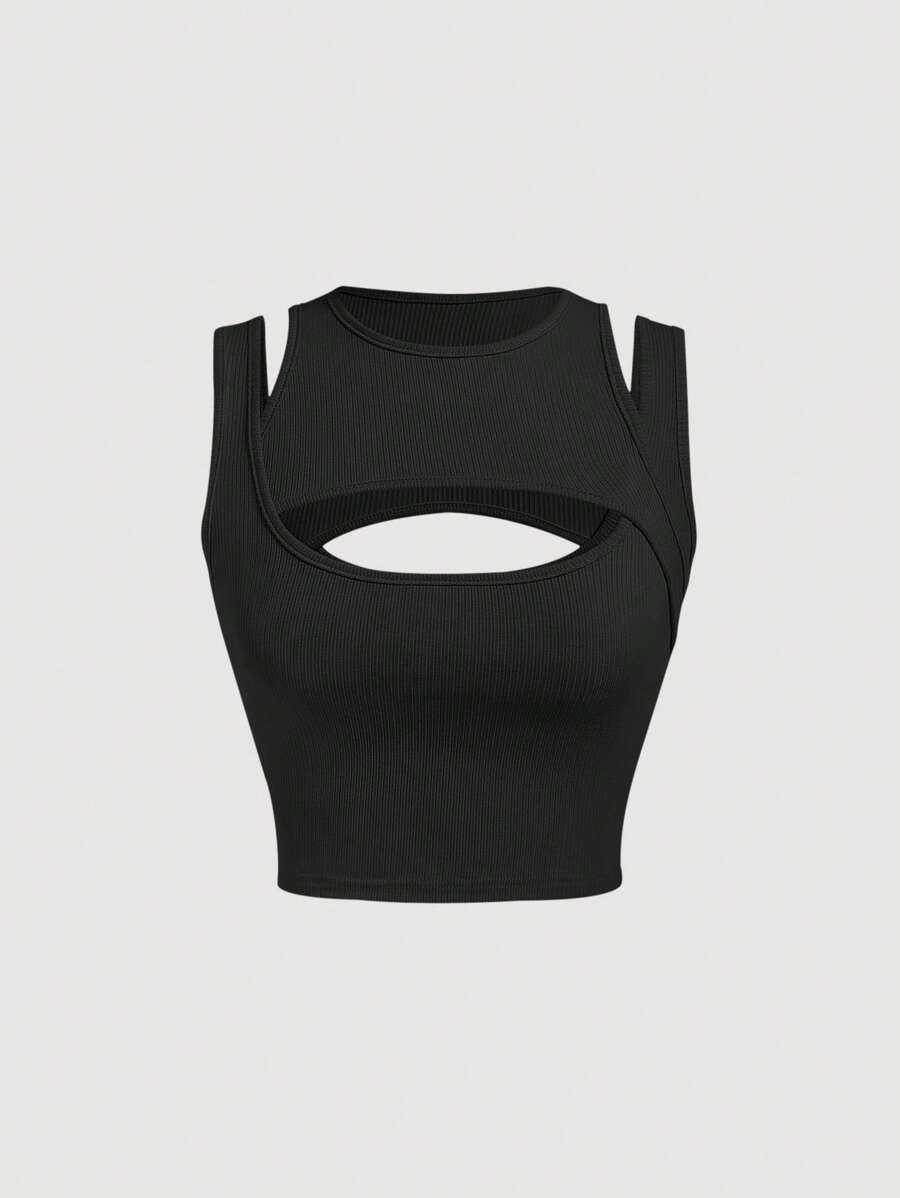 SHEIN MOD Cut Out Front Tank Top - Black - View 1