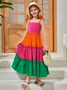 SHEIN Girls 1pc Colourblock Tie Shoulder Ruffle Hem Cami Dress - Multicolor - View 7