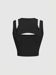 SHEIN MOD Cut Out Front Tank Top - Black - View 2