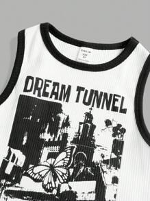 SHEIN Tween Girl Butterfly & Slogan Graphic Contrast Binding Tank Top - White - View 3