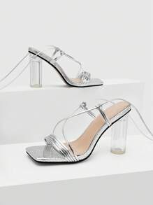 Xăng đan có quai màu bạc quyến rũ dành cho nữ, Thiết kế dây buộc nổi bằng da rắn Xăng đan cao gót quai mảnh - Màu Hồng Tươi - Xem 5