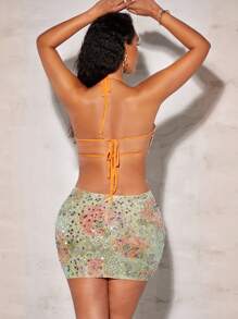 SHEIN BAE Floral Print Tie Backless Sequin Halter Bodycon Dress - Multicolor - View 2