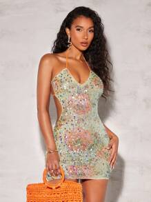 SHEIN BAE Floral Print Tie Backless Sequin Halter Bodycon Dress - Multicolor - View 6