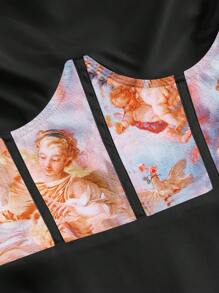 SHEIN MOD Figure Graphic Draped Collar Cami Dress - Black - View 3