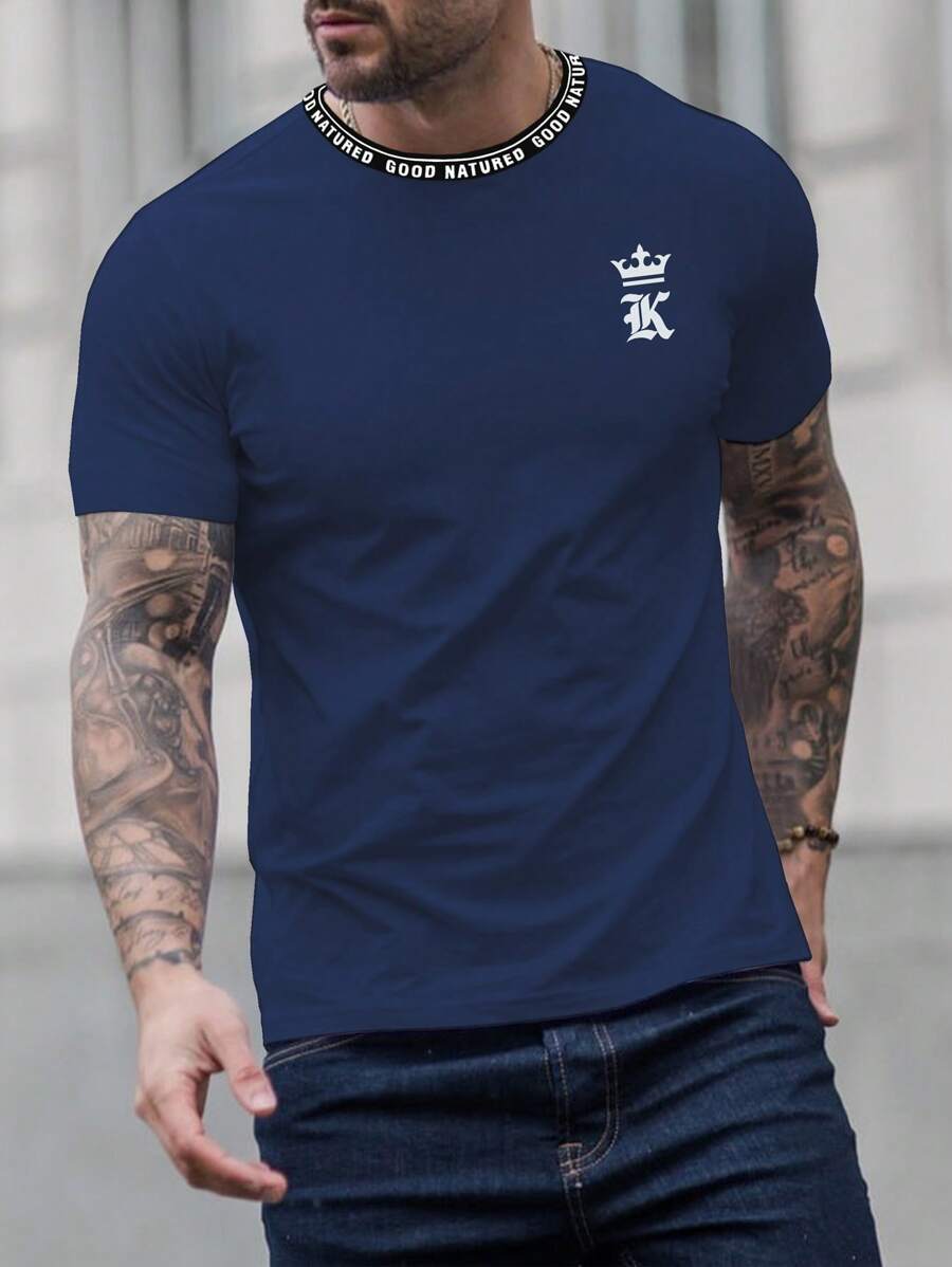 Manfinity Homme 男士字母圖案T恤 - 藏蓝色 - 查看 1