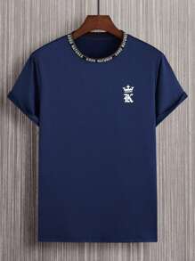 Manfinity Homme 男士字母圖案T恤 - 藏蓝色 - 查看 3