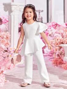 SHEIN 可愛不對稱 揉皺 荷葉邊 拉鍊純色女幼童連身褲 - 白色 - 查看 3