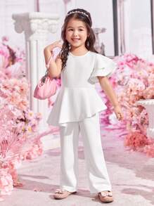 SHEIN 可愛不對稱 揉皺 荷葉邊 拉鍊純色女幼童連身褲 - 白色 - 查看 1