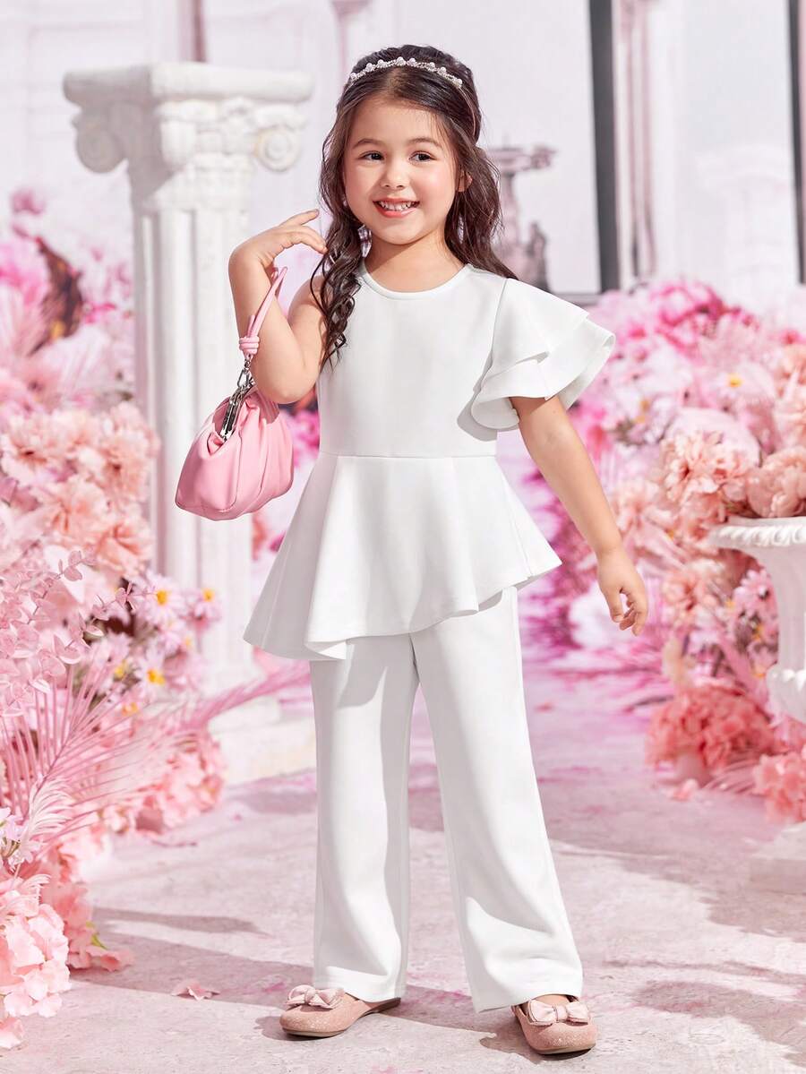 SHEIN 可愛不對稱 揉皺 荷葉邊 拉鍊純色女幼童連身褲 - 白色 - 查看 1