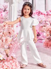 SHEIN 可愛不對稱 揉皺 荷葉邊 拉鍊純色女幼童連身褲 - 白色 - 查看 4