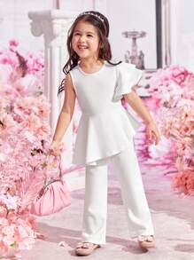 SHEIN 可愛不對稱 揉皺 荷葉邊 拉鍊純色女幼童連身褲 - 白色 - 查看 5