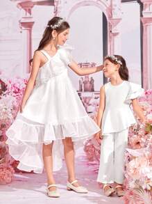 SHEIN 可愛不對稱 揉皺 荷葉邊 拉鍊純色女幼童連身褲 - 白色 - 查看 7