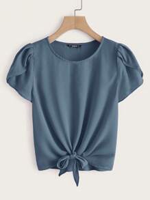 SHEIN LUNE Petal Sleeve Knot Hem Solid Top - Dusty Blue - View 1