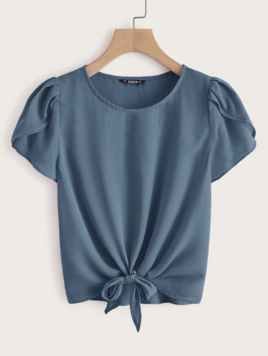 SHEIN LUNE Petal Sleeve Knot Hem Solid Top - Dusty Blue - View 1