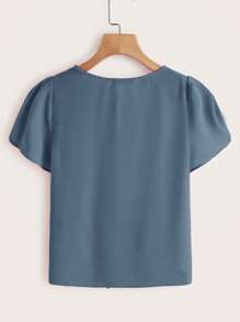 SHEIN LUNE Petal Sleeve Knot Hem Solid Top - Dusty Blue - View 2