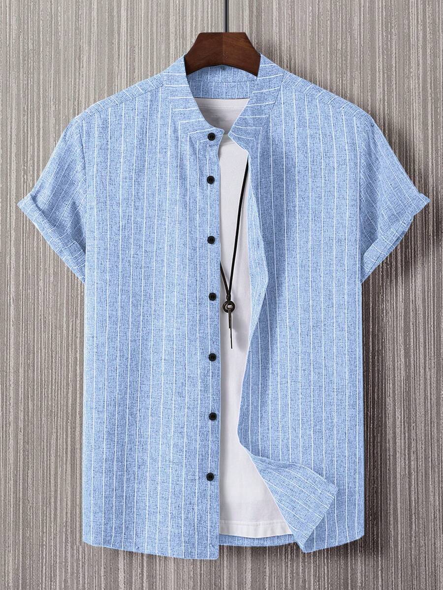 Manfinity Homme Áo sơ mi Nam Nút phía trước Sọc Giải trí - Màu xanh nhạt - Xem 1