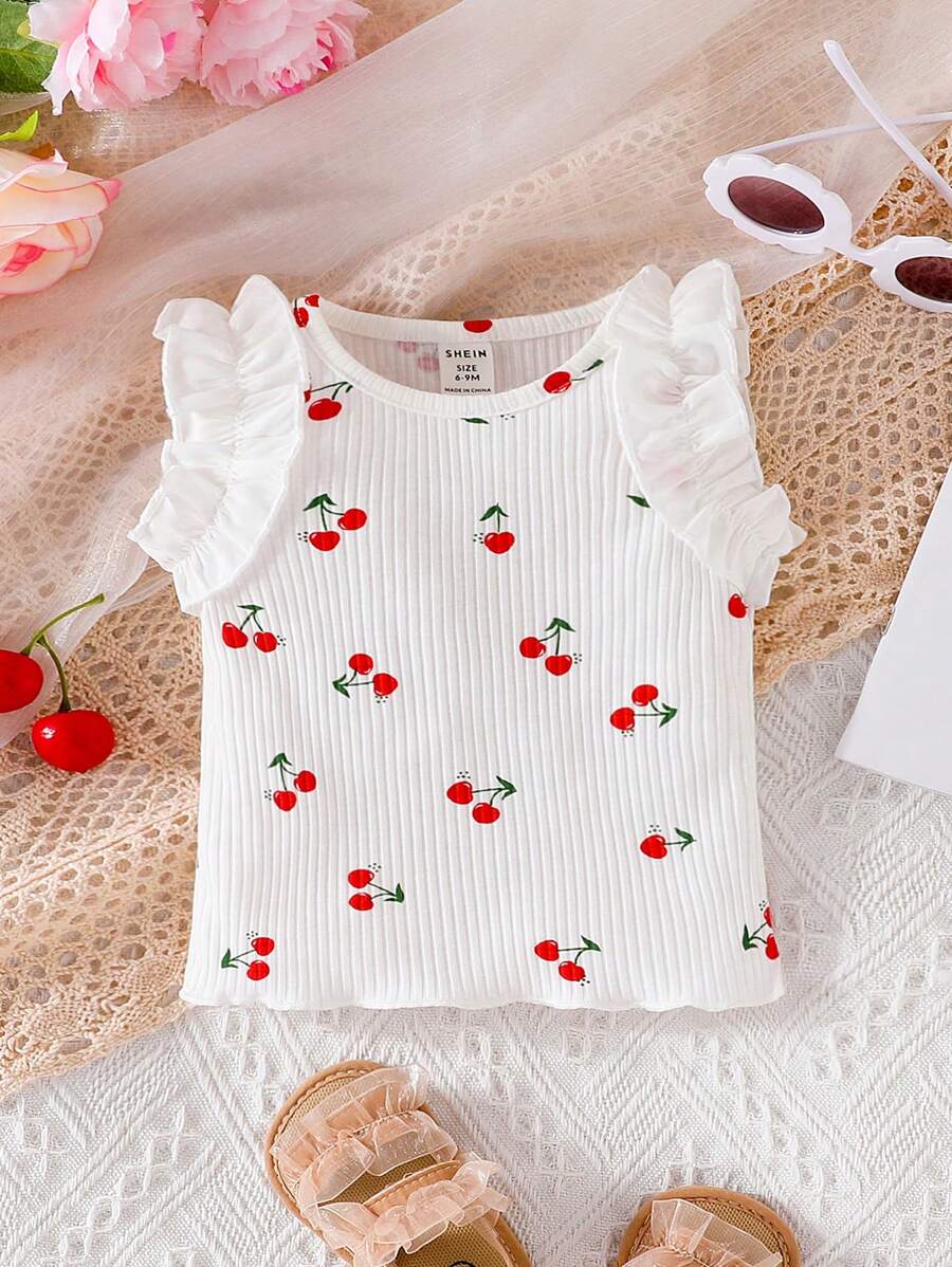 Baby Girl Cherry Print Ruffle Trim Ribbed Knit Tank Top - White - View 1